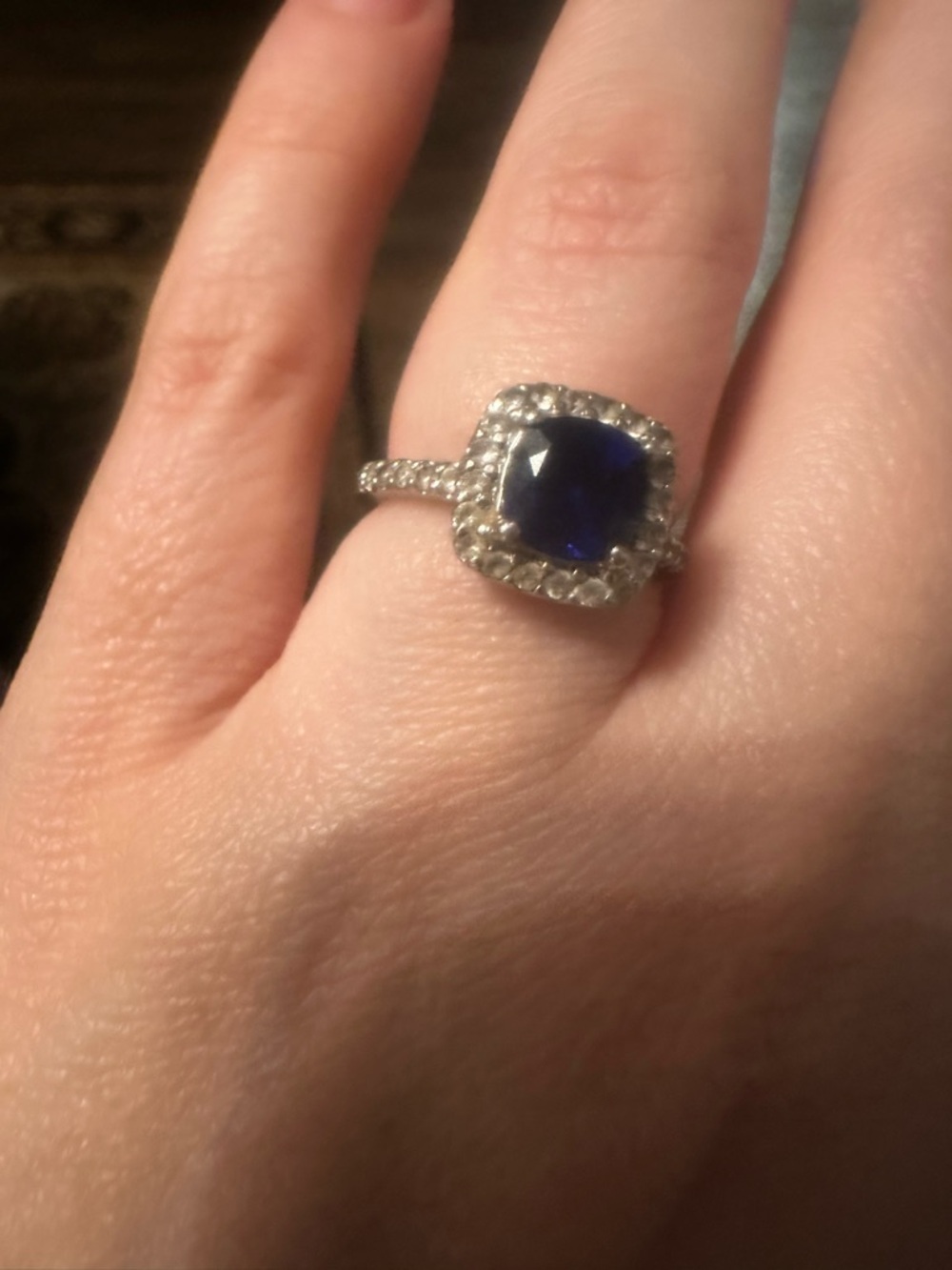 Sterling Silver Blue Cushion Halo Ring with Pavé Band Size 7